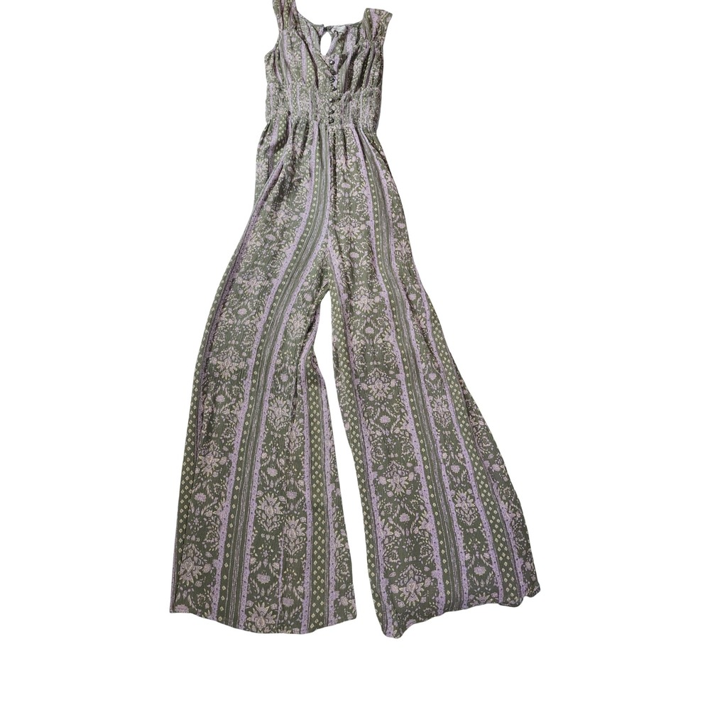 SO Women Large Jumpsuit Olive Green Purple Floral Wide Leg Smocked Boho Crinkle